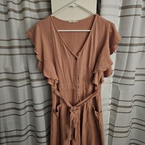 Easel Terracotta Midi Dress with Ruffle Sleeves